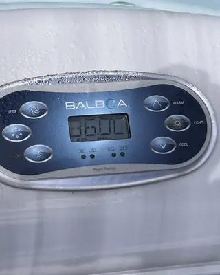 Balboa hot tub control panel showing the water temperature